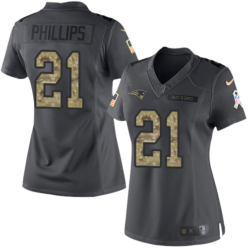 New England Patriots #21 Adrian Phillips Black Women's Stitched Limited 2016 Salute to Service Jersey Womens