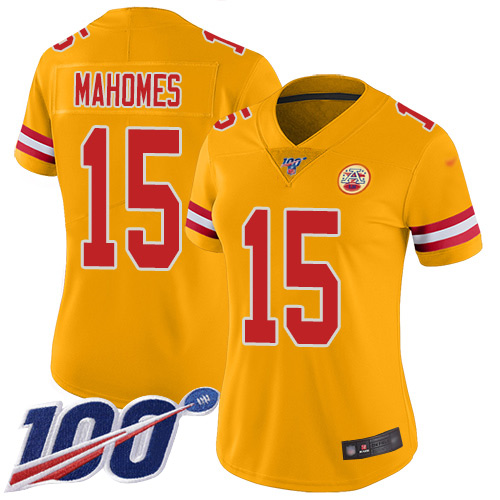 Chiefs #15 Patrick Mahomes Gold Women's Stitched Limited Inverted Legend 100th Season Jersey