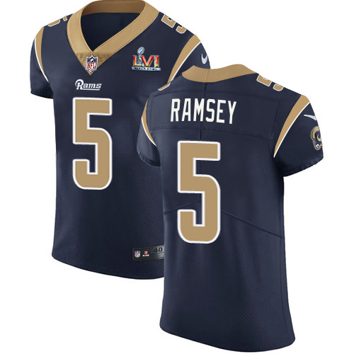 Rams #5 Jalen Ramsey Navy Blue Team Color Super Bowl LVI Patch Men's Stitched Vapor Untouchable Elite Jersey