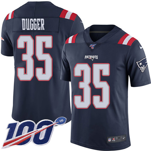 New England Patriots #35 Kyle Dugger Navy Blue Men's Stitched Limited Rush 100th Season Jersey Men's