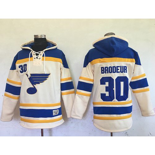 St. Louis Blues #30 Martin Brodeur Cream Sawyer Hooded Sweatshirt Stitched Jersey Men's
