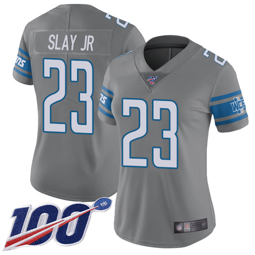 Detroit Lions #23 Darius Slay Jr Gray Women's Stitched Limited Rush 100th Season Jersey Womens