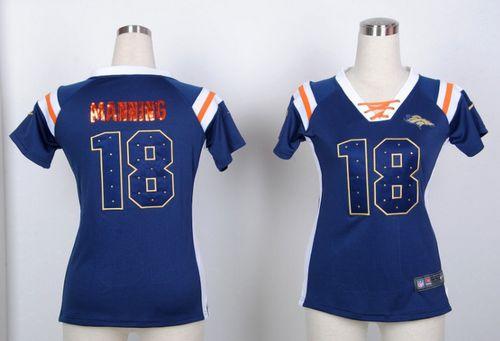 Broncos #18 Peyton Manning Navy Blue Women's Stitched Elite Draft Him Shimmer Jersey