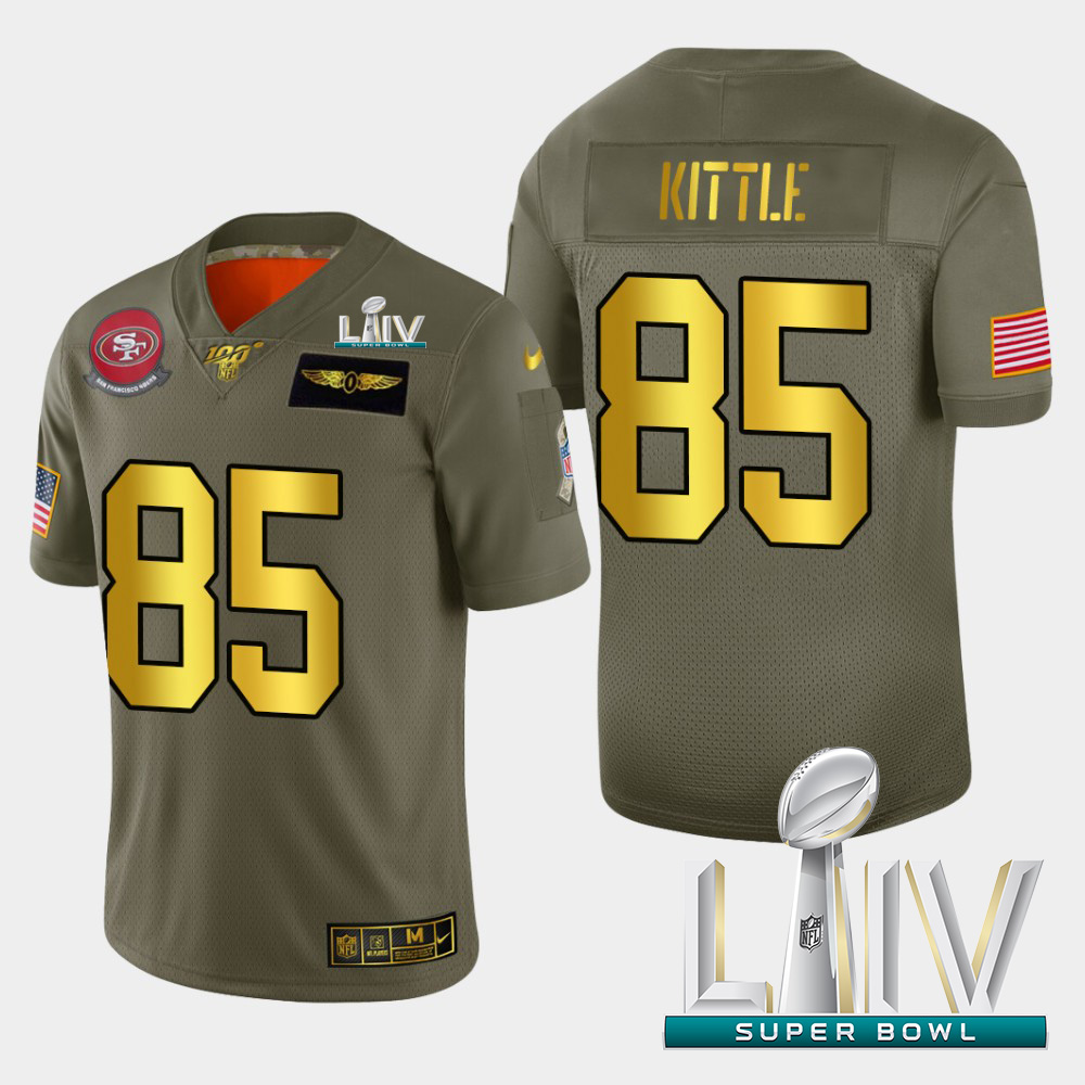 49ers #85 George Kittle Men's Olive Gold Super Bowl LIV 2020 2019 Salute To Service 100 Limited Jersey