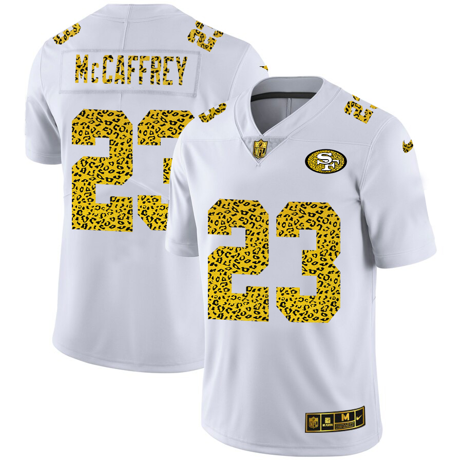 San Francisco 49ers #23 Christian McCaffrey Men's Flocked Leopard Print Vapor Limited Jersey White
