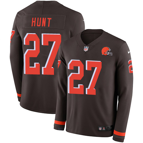 Cleveland Browns #27 Kareem Hunt Brown Team Color Men's Stitched Limited Therma Long Sleeve Jersey Men's
