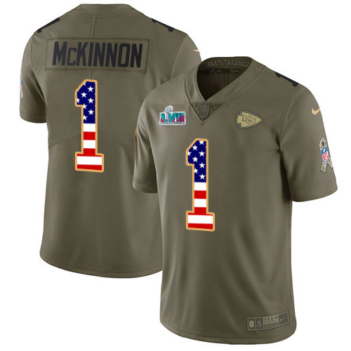 Chiefs #1 Jerick McKinnon Olive/USA Flag Super Bowl LVII Patch Men's Stitched Limited 2017 Salute To Service Jersey