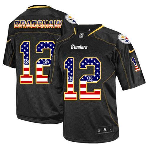 Steelers #12 Terry Bradshaw Black Men's Stitched Elite USA Flag Fashion Jersey