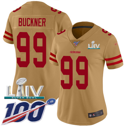 San Francisco 49ers #99 DeForest Buckner Gold Super Bowl LIV 2020 Women's Stitched Limited Inverted Legend 100th Season Jersey Womens