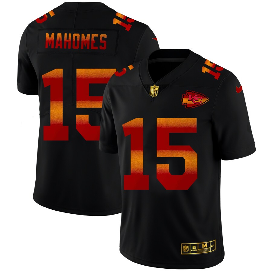 Kansas City Chiefs #15 Patrick Mahomes Men's Black Red Orange Stripe Vapor Limited Jersey