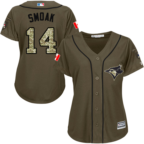 Toronto Blue Jays #14 Justin Smoak Green Salute to Service Women's Stitched Jersey Womens