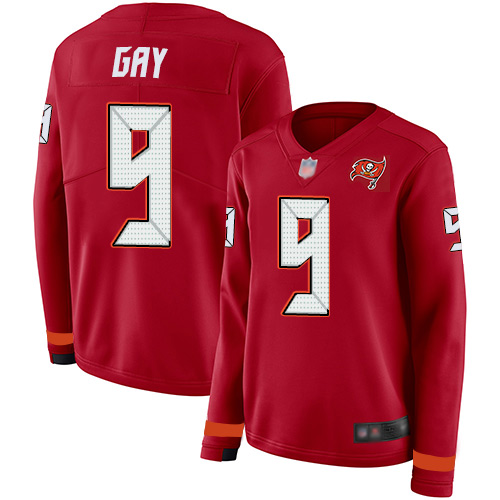 Tampa Bay Buccaneers #9 Matt Gay Red Team Color Women's Stitched Limited Therma Long Sleeve Jersey Womens