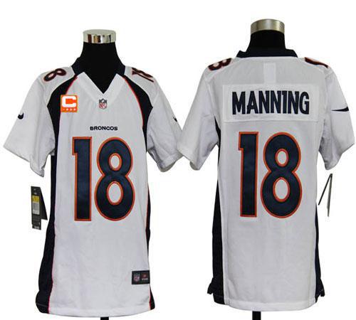 Broncos #18 Peyton Manning White With C Patch Youth Stitched Elite Jersey