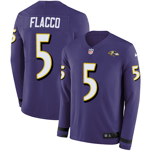 Baltimore Ravens #5 Joe Flacco Purple Team Color Men's Stitched Limited Therma Long Sleeve Jersey Men's