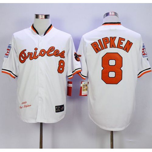 Mitchell And Ness 1989 Baltimore Orioles #8 Cal Ripken White Throwback Stitched Jersey Men's