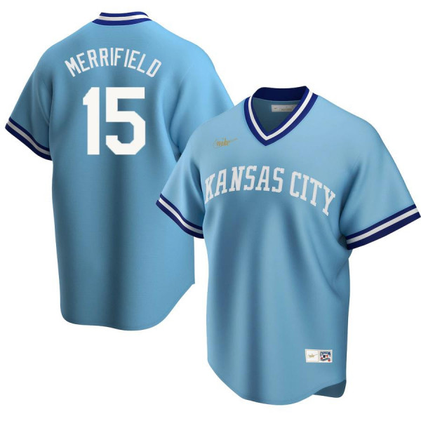 Men's Youth Women's Kansas City Royals 15 Replica Light Blue Road Cooperstown Whit Merrifield Jersey