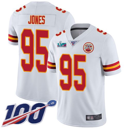 Chiefs #95 Chris Jones White Super Bowl LVII Patch Youth Stitched 100th Season Vapor Limited Jersey