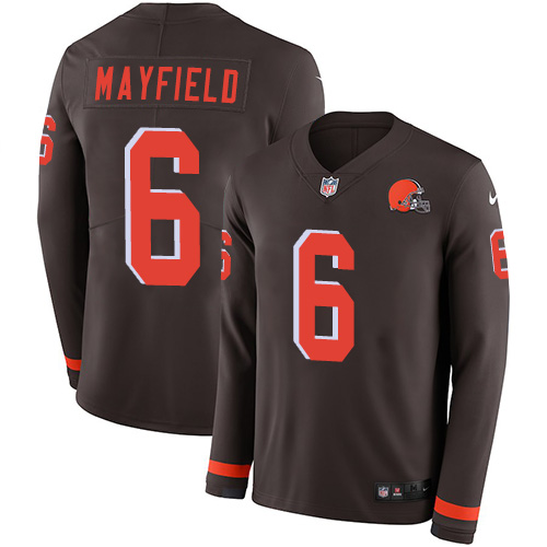 Cleveland Browns #6 Baker Mayfield Brown Team Color Men's Stitched Limited Therma Long Sleeve Jersey Men's