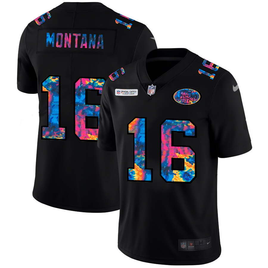 San Francisco 49ers #16 Joe Montana Men's Multi-Color Black 2020 Crucial Catch Vapor Untouchable Limited Jersey