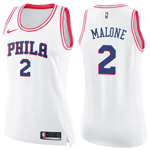 Philadelphia 76ers #2 Moses Malone White/Pink Womens Swingman Fashion Jersey Womens