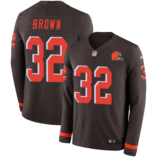 Browns #32 Jim Brown Brown Team Color Men's Stitched Limited Therma Long Sleeve Jersey