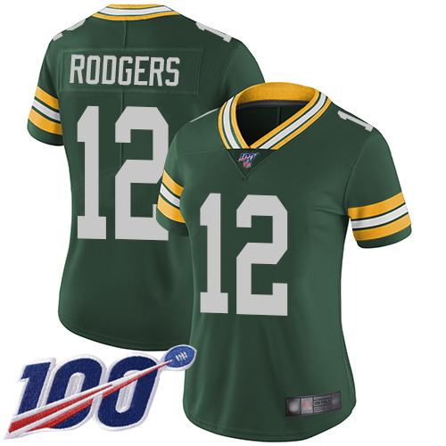 Packers #12 Aaron Rodgers Green Team Color Women's Stitched 100th Season Vapor Limited Jersey