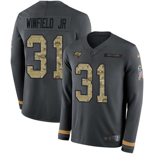 Tampa Bay Buccaneers #31 Antoine Winfield Jr. Anthracite Salute to Service Men's Stitched Limited Therma Long Sleeve Jersey Men's