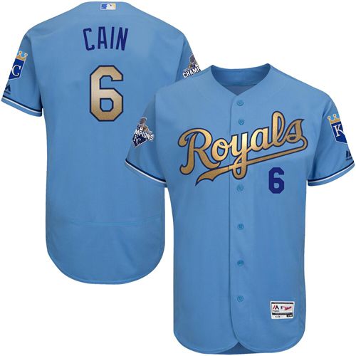 Kansas City Royals #6 Lorenzo Cain Light Blue FlexBase Authentic 2015 World Series Champions Gold Program Stitched Jersey Men's