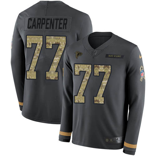 Atlanta Falcons #77 James Carpenter Anthracite Salute to Service Men's Stitched Limited Therma Long Sleeve Jersey Men's