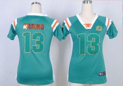 Dolphins #13 Dan Marino Aqua Green Team Color Women's Stitched Elite Draft Him Shimmer Jersey