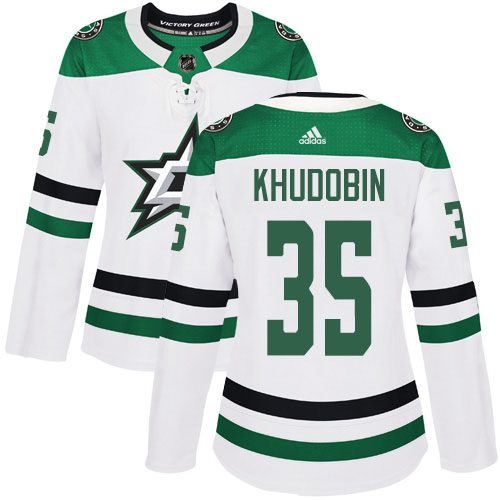 Adidas Dallas Stars #35 Anton Khudobin White Road Authentic Women's Stitched Jersey Womens