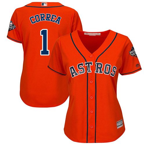 Houston Astros #1 Carlos Correa Orange Alternate 2019 World Series Bound Women's Stitched Jersey Womens