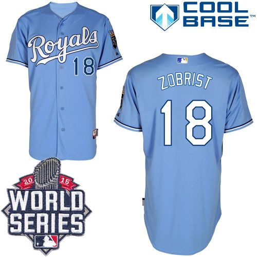 Kansas City Royals #18 Ben Zobrist Light Blue Alternate 1 Cool Base W/2015 World Series Patch Stitched Jersey Men's