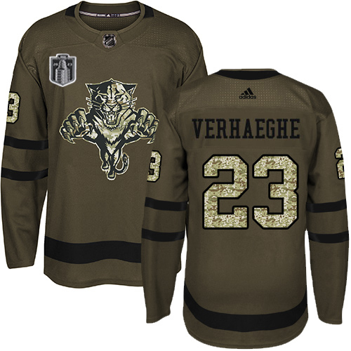 Adidas Panthers #23 Carter Verhaeghe Green 2023 Stanley Cup Final Patch Salute To Service Stitched Youth Jersey
