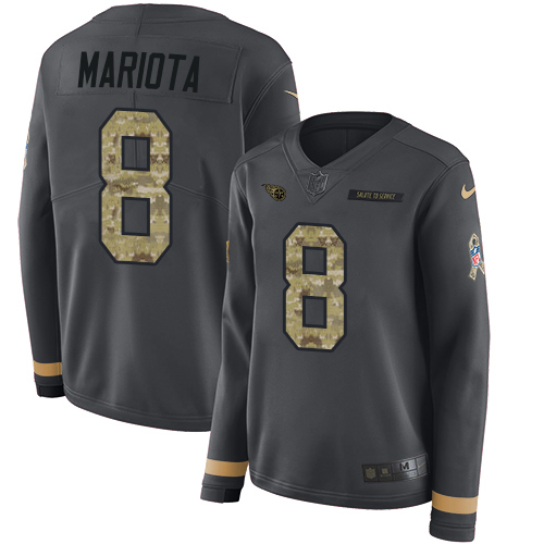 Tennessee Titans #8 Marcus Mariota Anthracite Salute to Service Women's Stitched Limited Therma Long Sleeve Jersey Womens
