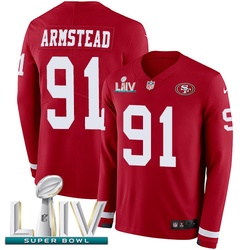San Francisco 49ers #91 Arik Armstead Red Super Bowl LIV 2020 Team Color Men's Stitched Limited Therma Long Sleeve Jersey Men's