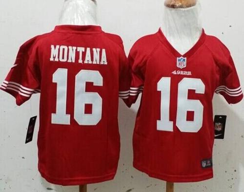 Toddler 49ers #16 Joe Montana Red Team Color Stitched Elite Jersey