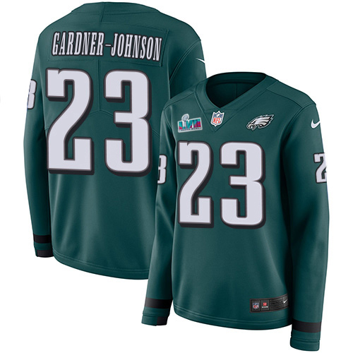 Eagles #23 C.J. Gardner-Johnson Green Team Color Super Bowl LVII Patch Women's Stitched Limited Therma Long Sleeve Jersey