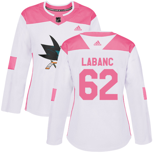 Adidas San Jose Sharks #62 Kevin Labanc White/Pink Authentic Fashion Women's Stitched Jersey Womens