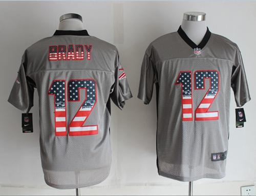 Patriots #12 Tom Brady Grey Men's Stitched Elite USA Flag Fashion Jersey