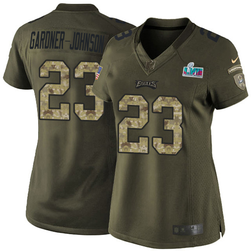 Eagles #23 C.J. Gardner-Johnson Green Super Bowl LVII Patch Women's Stitched Limited 2015 Salute To Service Jersey