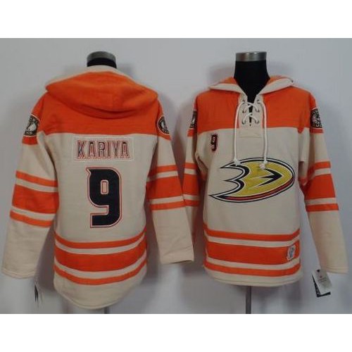 Anaheim Ducks #9 Paul Kariya Cream/Orange Sawyer Hooded Sweatshirt Stitched Jersey Men's