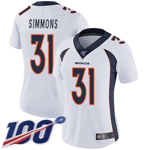 Broncos #31 Justin Simmons White Women's Stitched 100th Season Vapor Limited Jersey