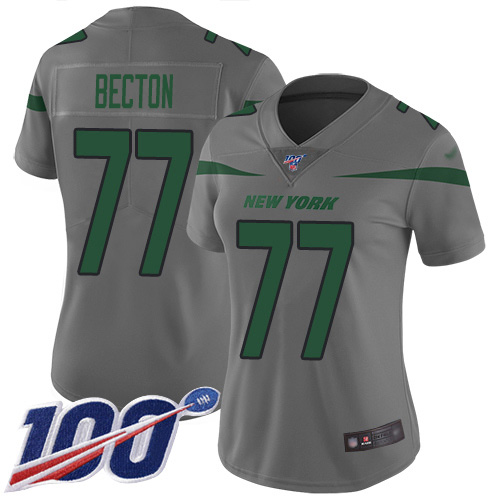 New York Jets #77 Mekhi Becton Gray Women's Stitched Limited Inverted Legend 100th Season Jersey Womens