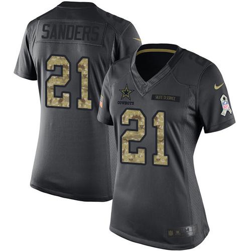 Cowboys #21 Deion Sanders Black Women's Stitched Limited 2016 Salute To Service Jersey