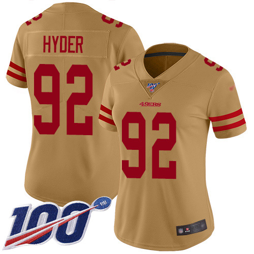 San Francisco 49ers #92 Kerry Hyder Gold Women's Stitched Limited Inverted Legend 100th Season Jersey Womens