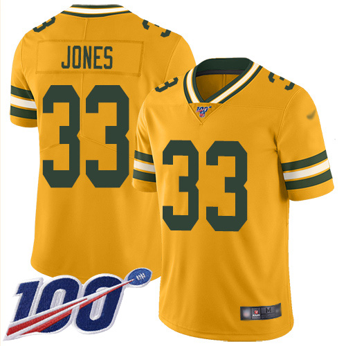 Packers #33 Aaron Jones Gold Men's Stitched Limited Inverted Legend 100th Season Jersey
