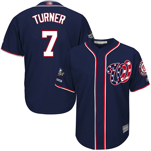 Washington Nationals #7 Trea Turner Navy Blue New Cool Base 2019 World Series Champions Stitched Jersey Men's