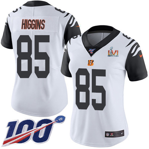 Bengals #85 Tee Higgins White Super Bowl LVI Patch Women's Stitched Limited Rush 100th Season Jersey