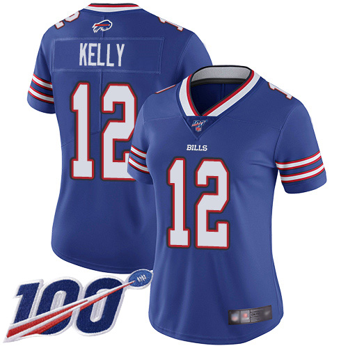 Bills #12 Jim Kelly Royal Blue Team Color Women's Stitched 100th Season Vapor Limited Jersey